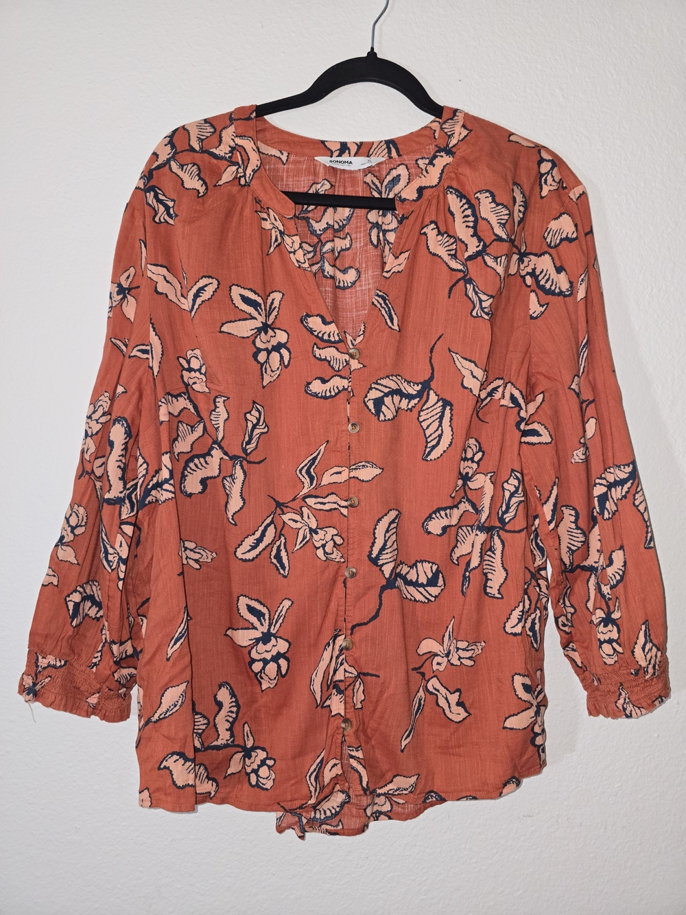 Sonoma Rust Floral Button-Front Blouse with Navy & Cream Accents